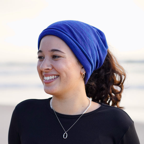 Lapis Blues Merino Beanie Wrap wear as a beanie, scarf, hood or wrap