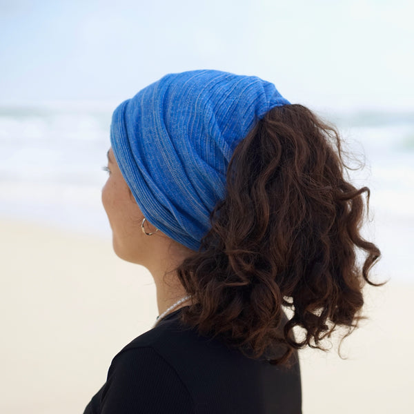 Ice Blues Merino Beanie Wrap wear as a beanie, scarf, hood or wrap