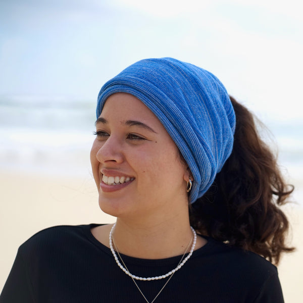 Ice Blues Merino Beanie Wrap wear as a beanie, scarf, hood or wrap