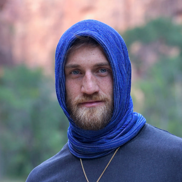 Alpine Blues Merino Beanie Wrap wear as a beanie, scarf, hood or wrap