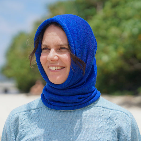 Lapis Blues Merino Beanie Wrap wear as a beanie, scarf, hood or wrap