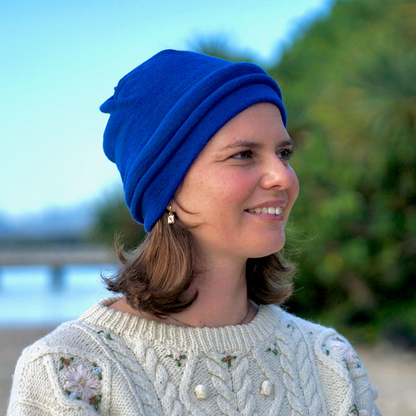 Lapis Blues Merino Beanie Wrap wear as a beanie, scarf, hood or wrap