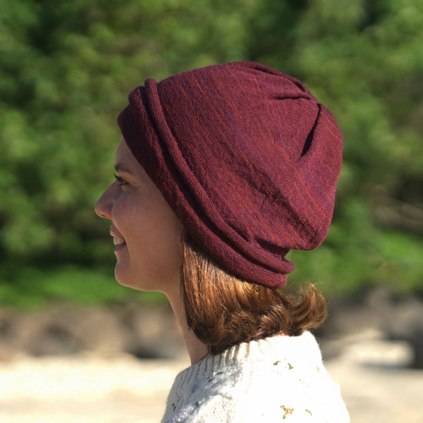 Rustic Plum Merino Beanie Wrap wear as a beanie, scarf, hood or wrap