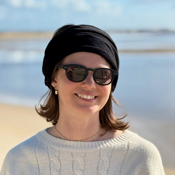 Black Merino Beanie Wrap wear as a beanie, scarf, hood or wrap