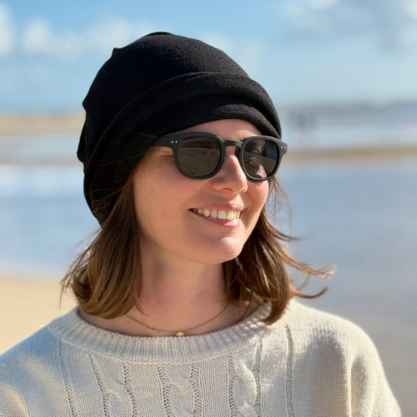 Black Merino Beanie Wrap wear as a beanie, scarf, hood or wrap