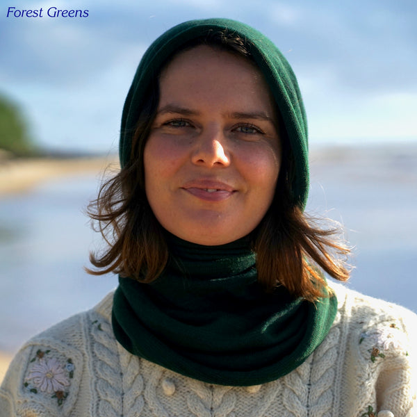 Forest Greens Merino Beanie Wrap wear as a beanie, scarf, hood or wrap