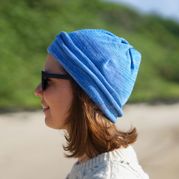 Ice Blues Merino Beanie Wrap wear as a beanie, scarf, hood or wrap