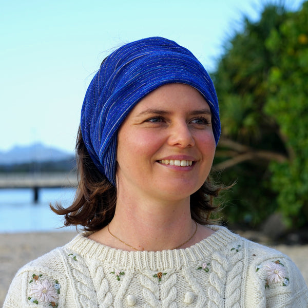 Alpine Blues Merino Beanie Wrap wear as a beanie, scarf, hood or wrap