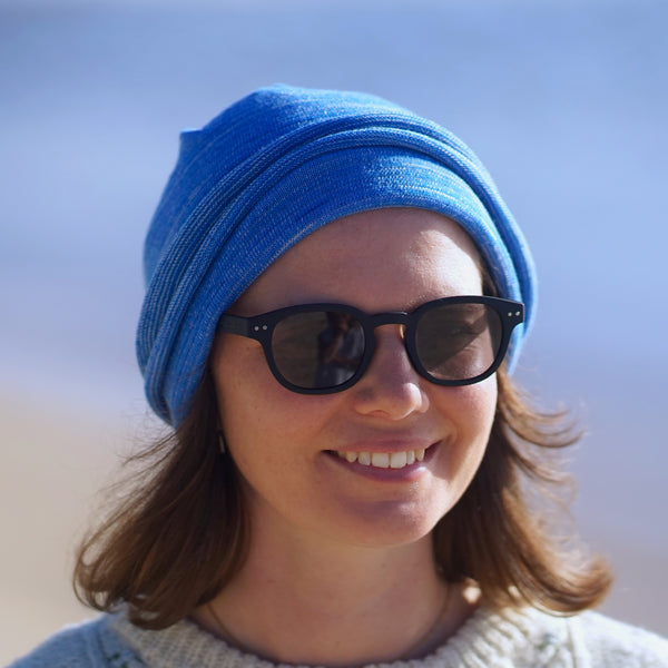 Ice Blues Merino Beanie Wrap wear as a beanie, scarf, hood or wrap