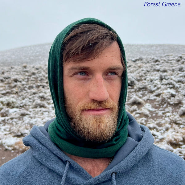 Forest Greens Merino Beanie Wrap wear as a beanie, scarf, hood or wrap