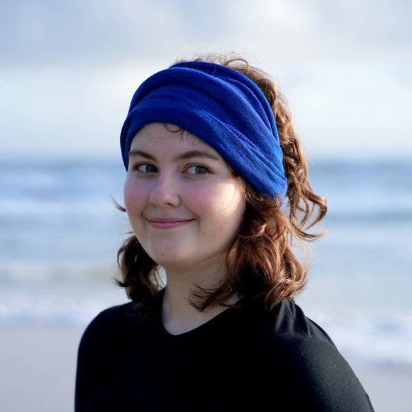 Lapis Blues Merino Beanie Wrap wear as a beanie, scarf, hood or wrap