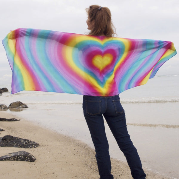 Silk Shawl Rainbow Heart - Meditation Scarf Healing Art Love Gift